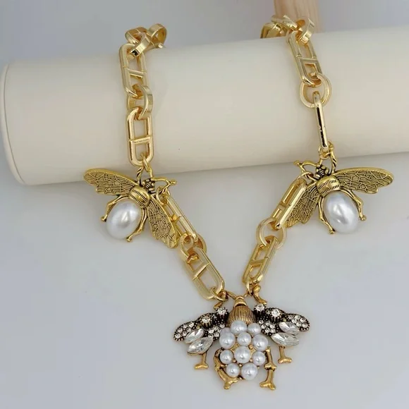 Gold Bee Pendant Necklace with Pearl Accents - Women Jewelry - Picture 3 of 5